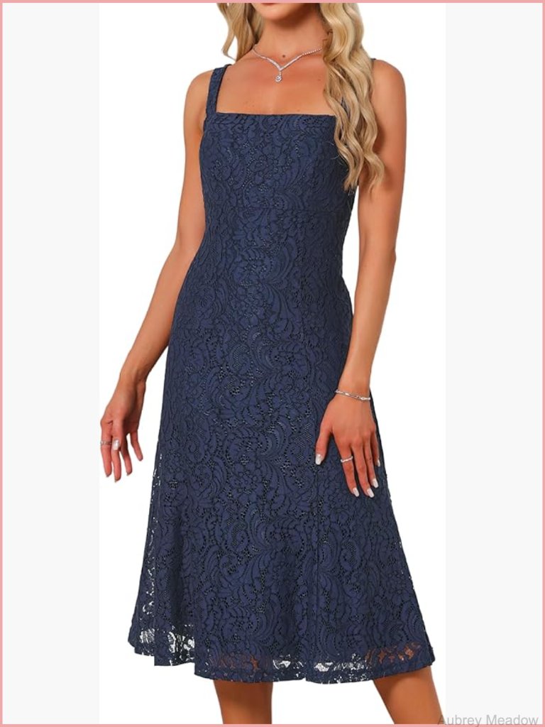Lace Prom Midi Dress Square Neck Sleeveless Cocktail Party
